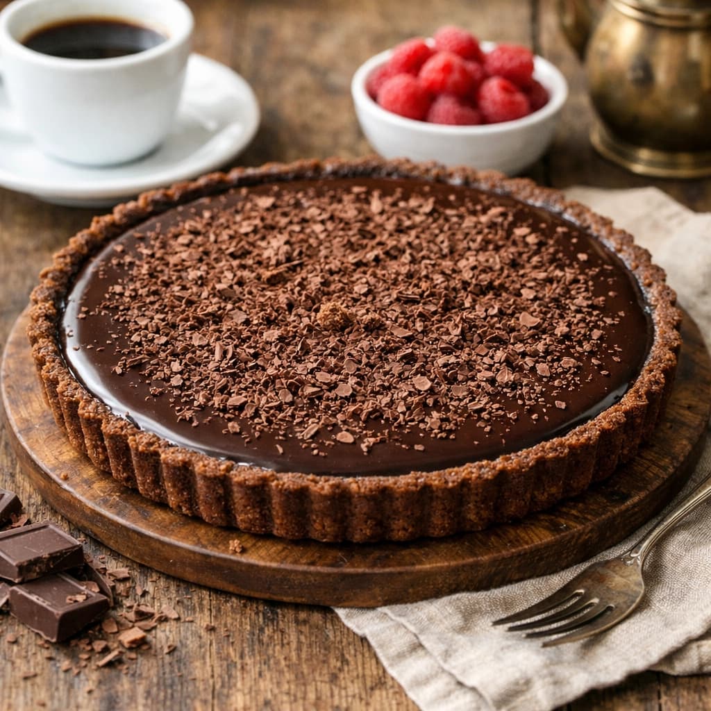 تارت الشوكولاتة الفرنسية بطبقة شوكولاتة داكنة غنية وقاعدة تارت مقرمشة مع تزيين بالشوكولاتة المبشورة