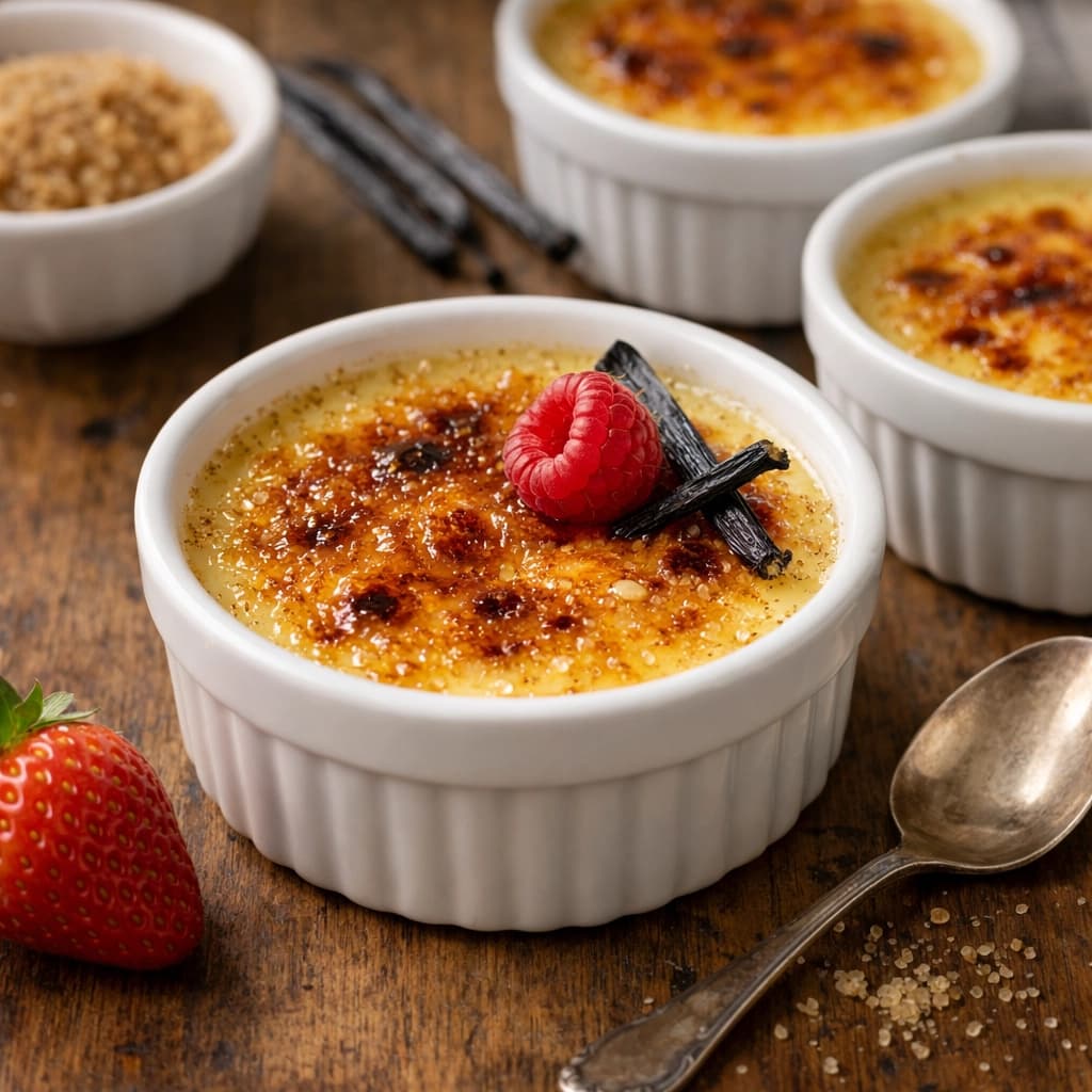 كريم بروليه فرنسي بالفانيليا بقوام كريمي ناعم وطبقة سكر مكرمل مقرمشة ويُقدَّم في قالب خزفي أنيق