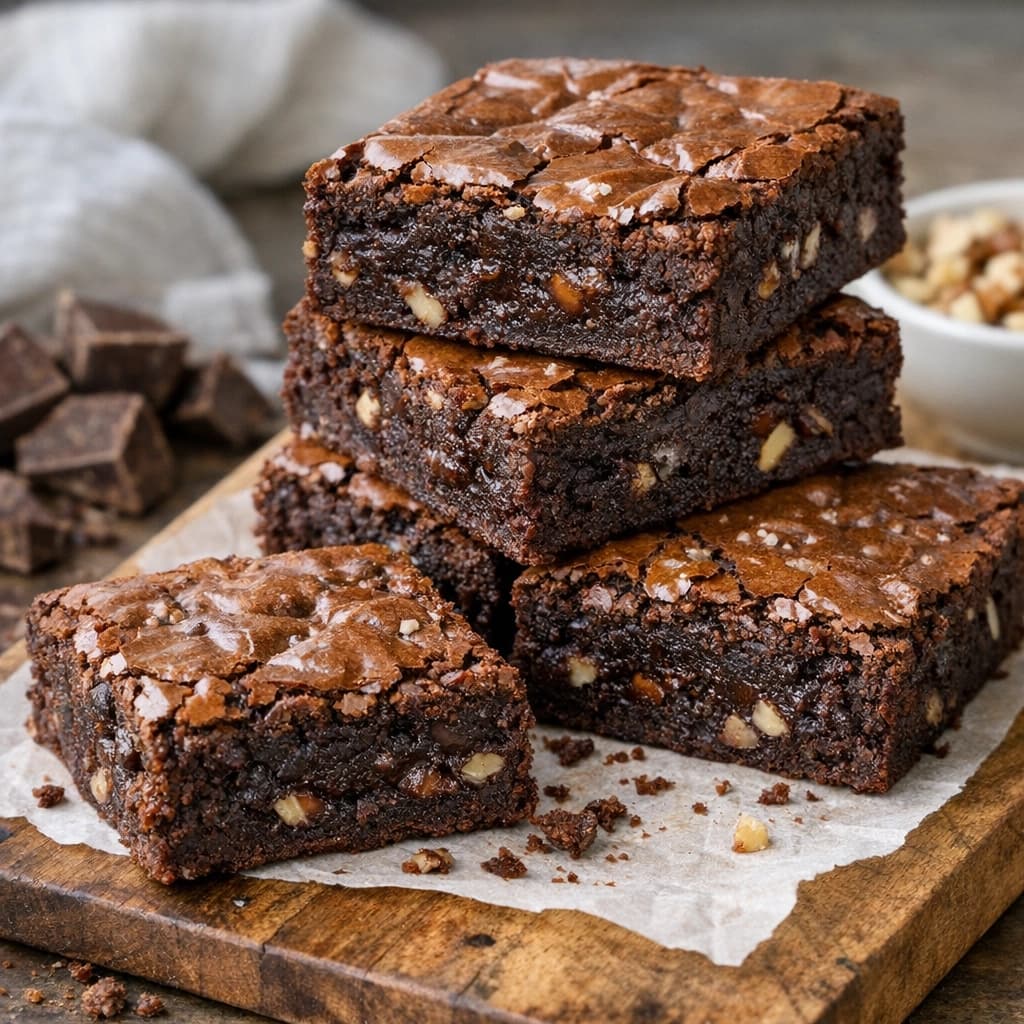 براونيز شوكولاتة بالفدج بقوام كثيف ووجه متشقق لامع ومقدمة بطريقة منزلية شهية