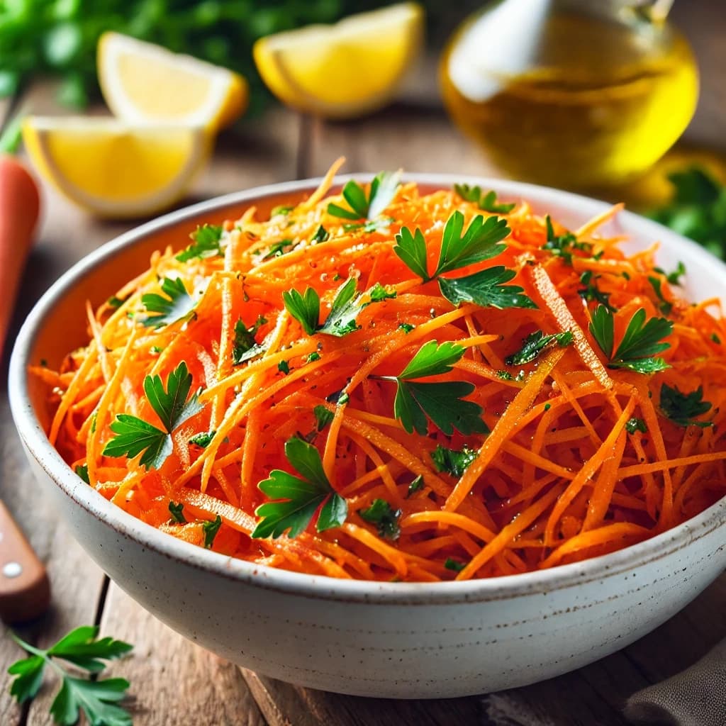 سلطة الجزر المبشور بالليمون في طبق تقديم مزين بالبقدونس والخضار الطازجة