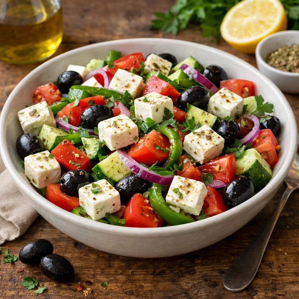 سلطة يونانية ملونة تحتوي على خضار طازجة متنوعة، جبنة فيتا مكعبات، زيتون أسود، ورشة من الأعشاب الطازجة مع تتبيلة زيت الزيتون والليمون