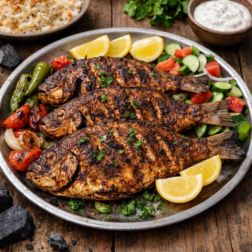 سمك مشوي على الفحم متبل بالبهارات العربية وخضار جانبية