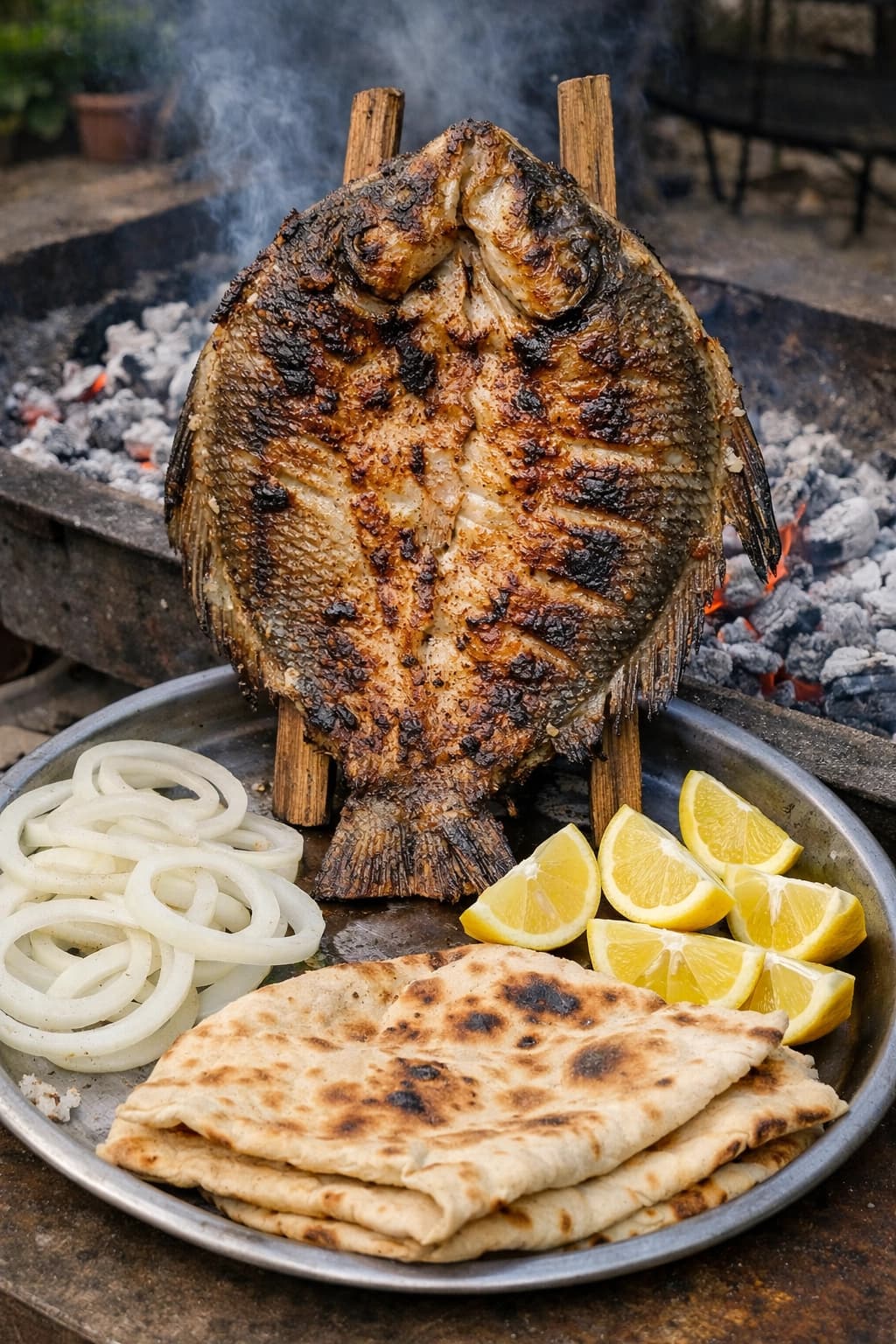 سمك مسكوف عراقي مشوي على الفحم بطريقة تقليدية ويُقدَّم مع بصل وليمون وخبز