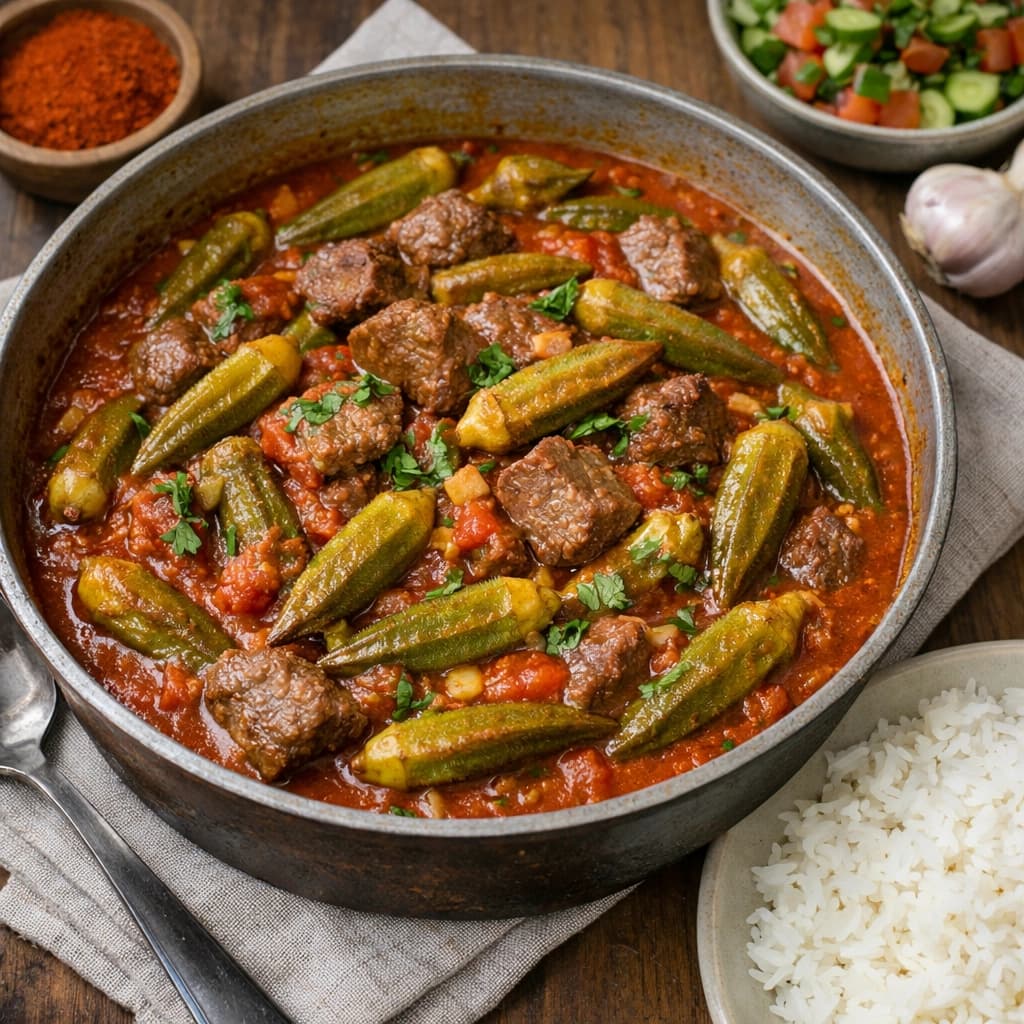 يخنة بامية عراقية باللحم في صلصة طماطم متوازنة تُقدَّم مع الأرز الأبيض