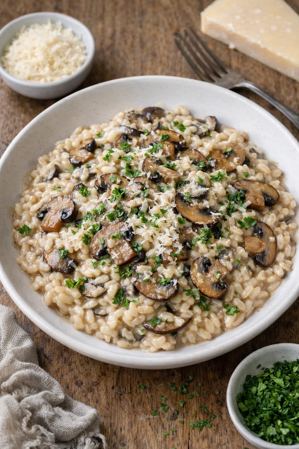 ريزوتو فطر إيطالي كريمي مطهو بأرز أربوريو مع الفطر الطازج ويُقدَّم بقوام ناعم ولمسة جبن بارميزان