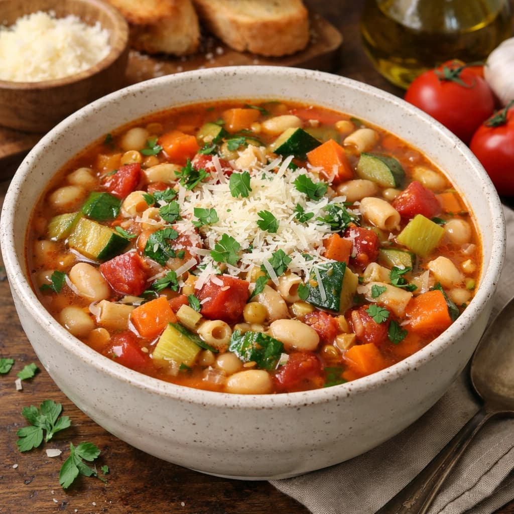 شوربة مينستروني إيطالية مع خضار طازجة ومعكرونة وحبوب
