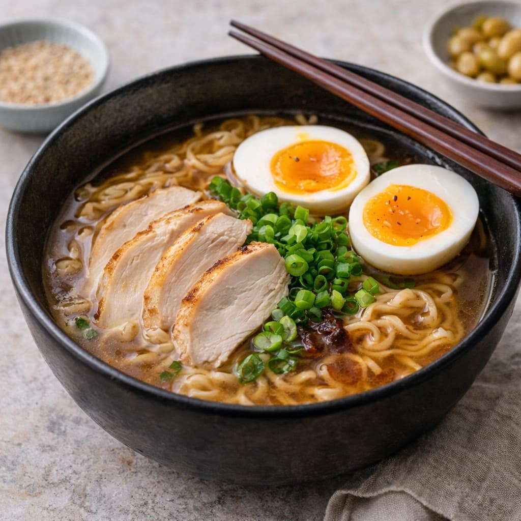 رامن ياباني بالدجاج مع مرق غني ونودلز وبيض مسلوق ولمسة خضراء تقليدية