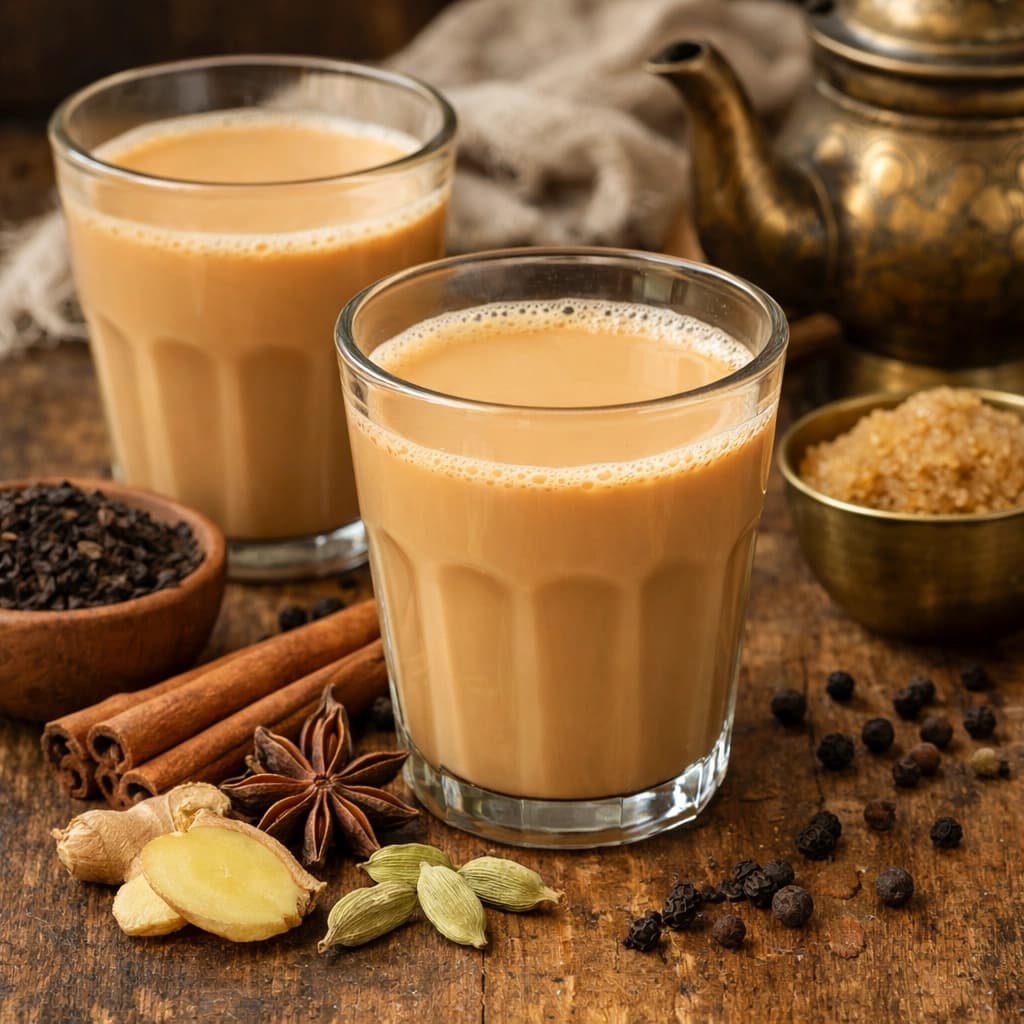 شاي كرك هندي بالحليب والبهارات يُقدَّم ساخنًا بلون كريمي ونكهة غنية