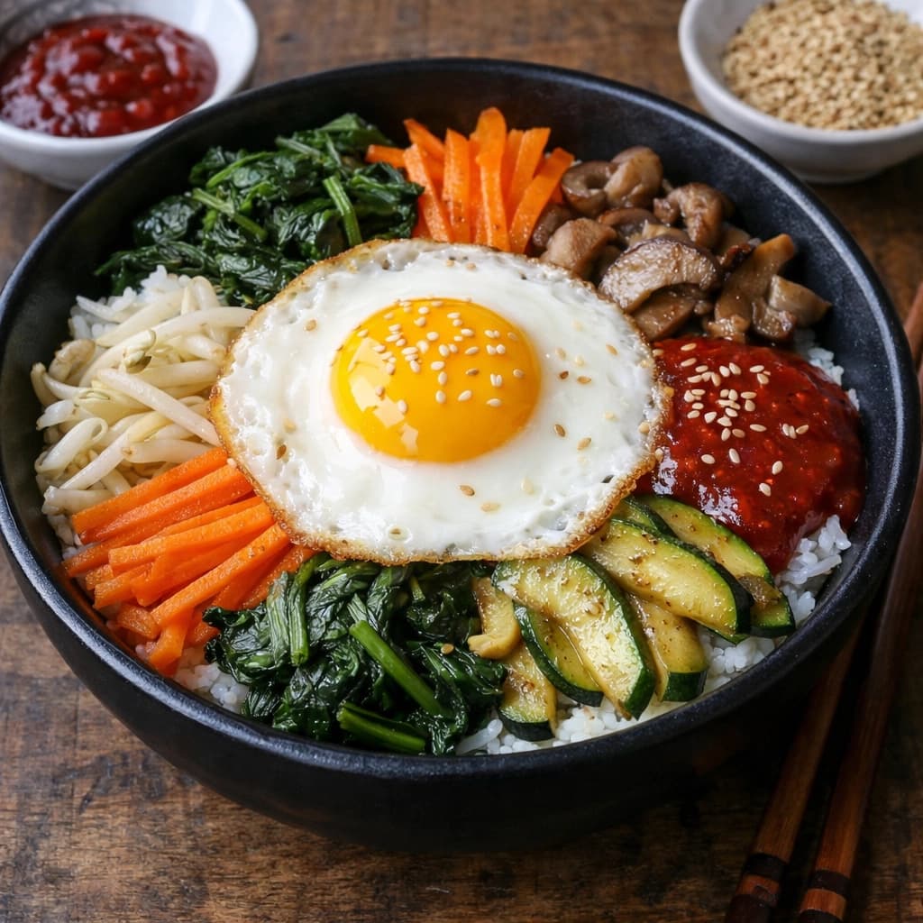 بيبيمباب كوري بالأرز والخضار المتنوعة والبيض مع صوص جوتشوجانغ التقليدي