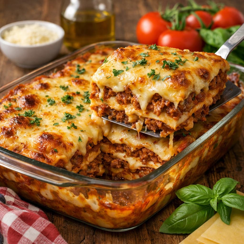 لازانيا إيطالية باللحم المفروم والجبن الذائب بطبقات غنية ومقدمة ساخنة