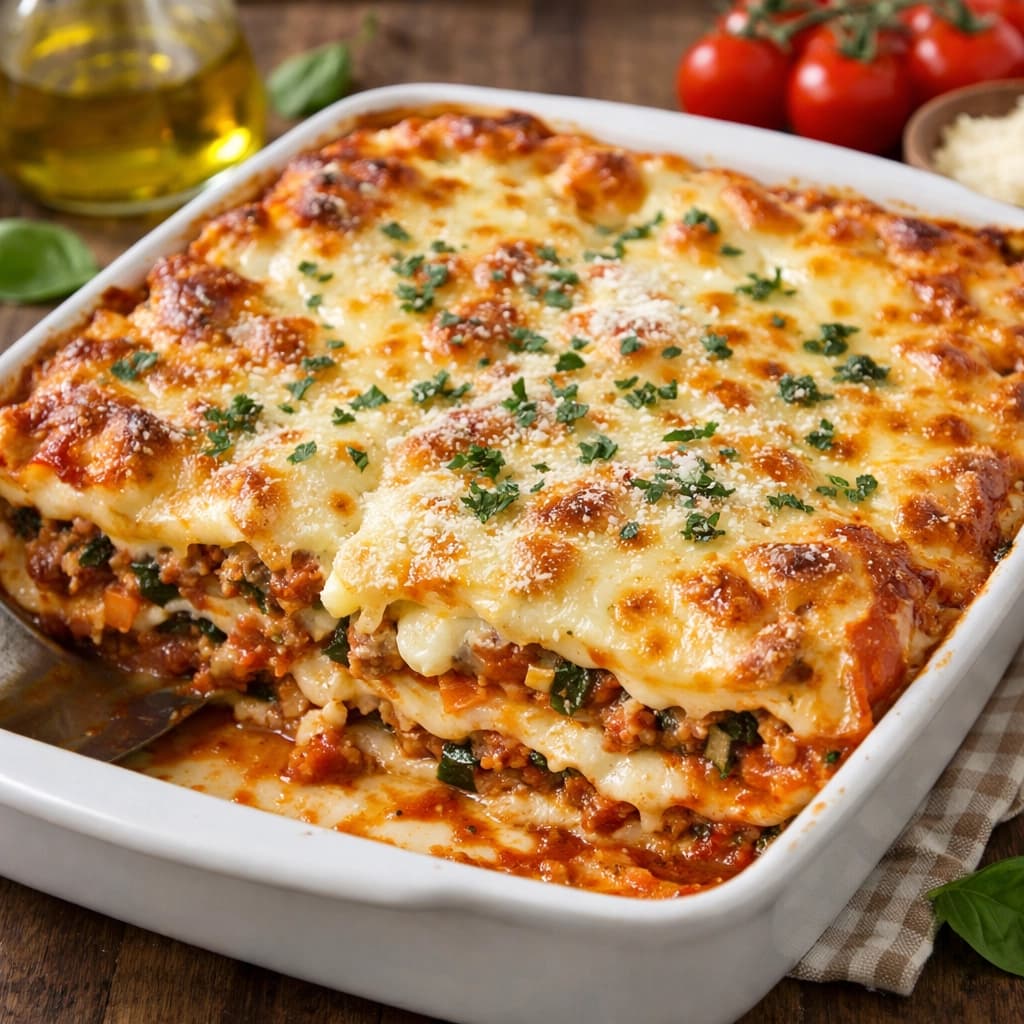 لازانيا إيطالية باللحم والخضروات والجبن المتنوع طبق غني بالنكهات