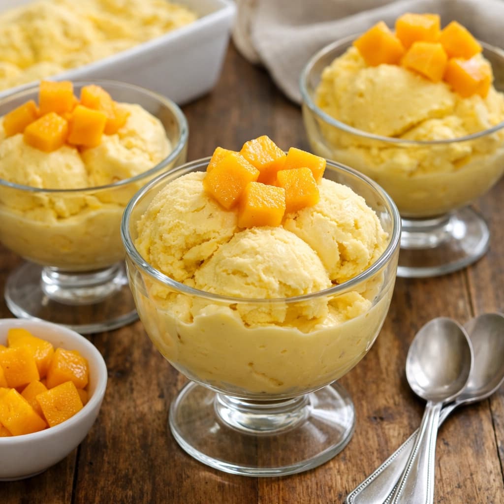 آيس كريم مانجو منزلي بقوام كريمي ولون أصفر طبيعي يُقدَّم في كاسات مع قطع مانجو طازجة