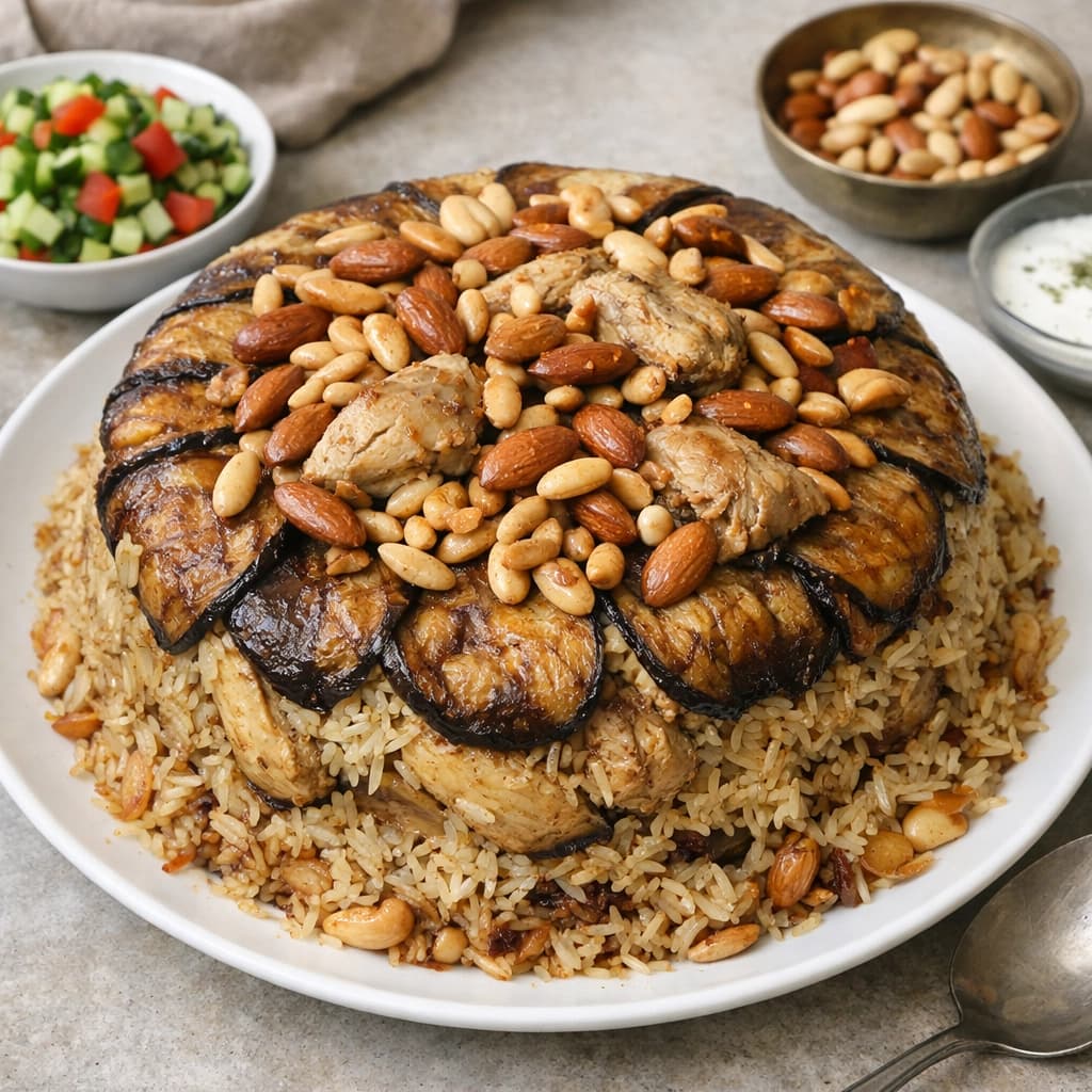 مقلوبة باذنجان بالدجاج وأرز مفلفل تُقدَّم مقلوبة على طبق كبير وتُزيَّن بالمكسرات المحمصة
