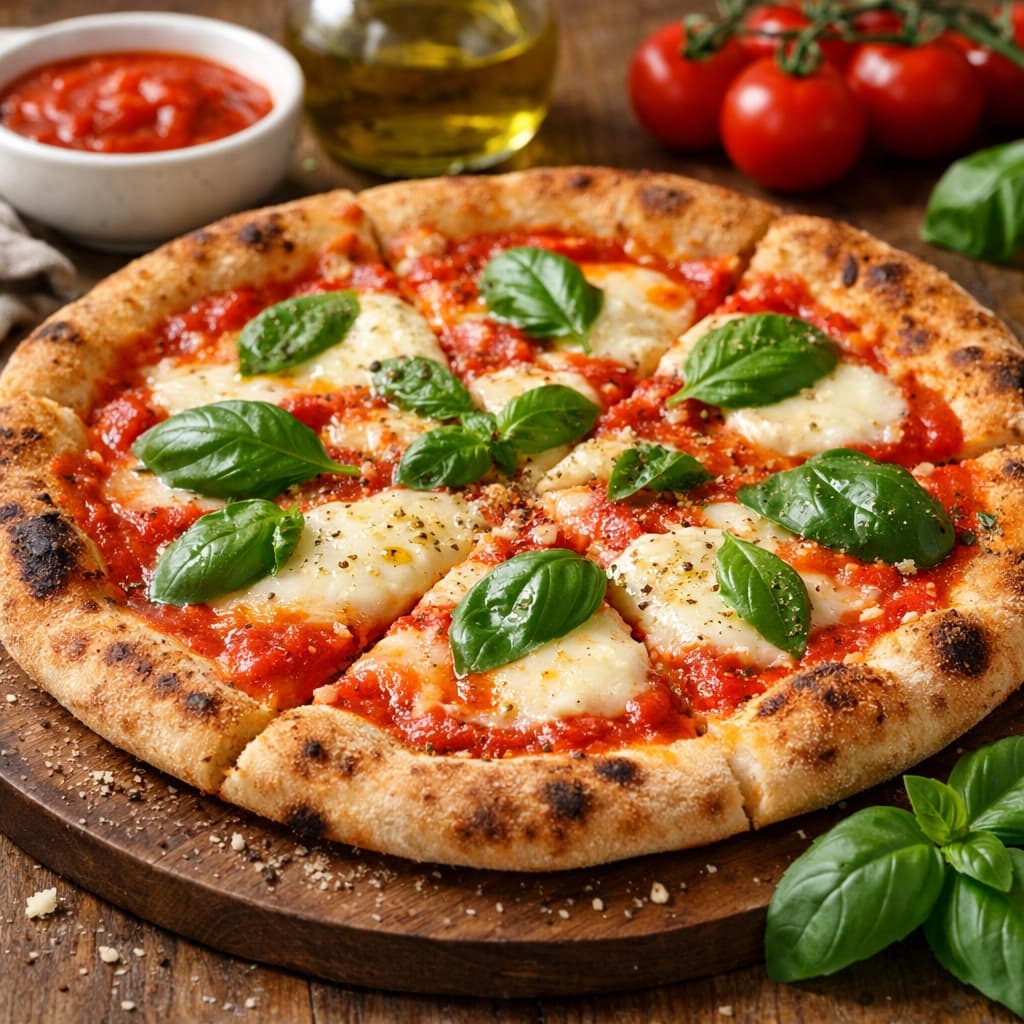 بيتزا مارغريتا إيطالية بالجبن الطازج والريحان طبق كلاسيكي شهي