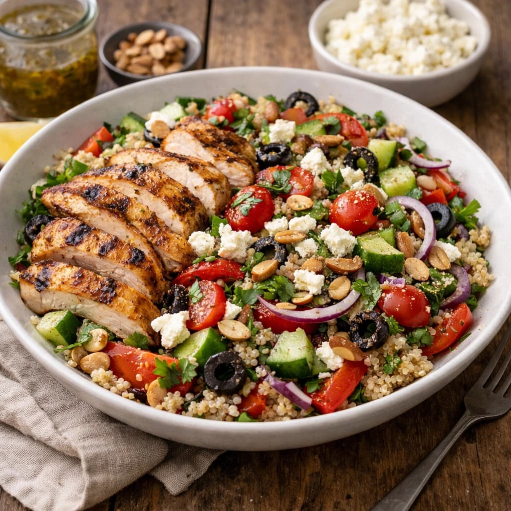سلطة البحر الأبيض المتوسط مع قطع دجاج مشوي وكمية وفيرة من الكينوا والخضروات الطازجة والصوص المتوازن