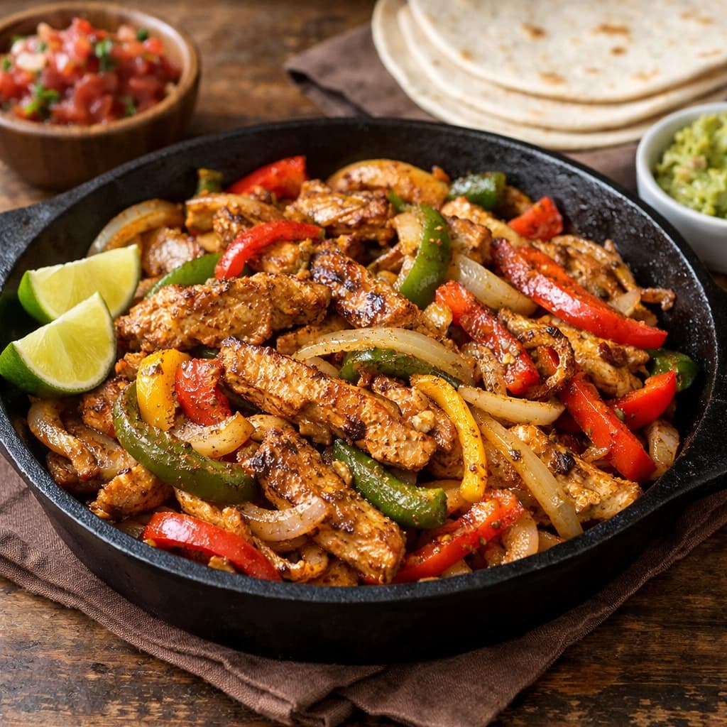 فاهيتا دجاج مكسيكية بشرائح الفلفل والبصل متبلة بتوابل مكسيكية وتُقدَّم ساخنة