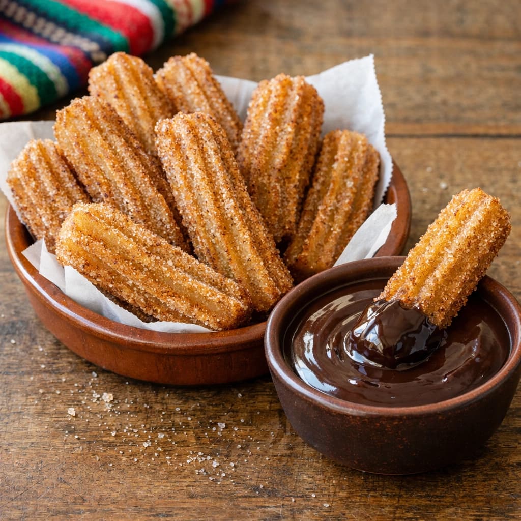 تشوروز مكسيكي مقرمش مغطى بالسكر والقرفة ويُقدَّم مع صوص شوكولاتة غني