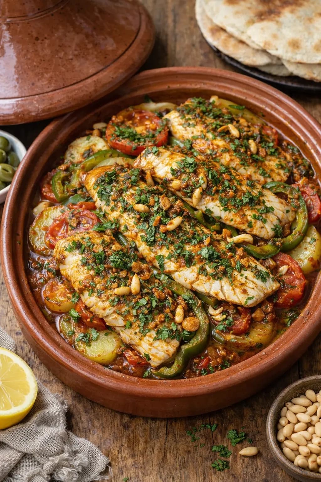 طاجين سمك بالشرمولة المغربية مطهو في طاجين فخاري مع الخضار وصلصة متبلة ويُقدَّم بشكل تقليدي شهي