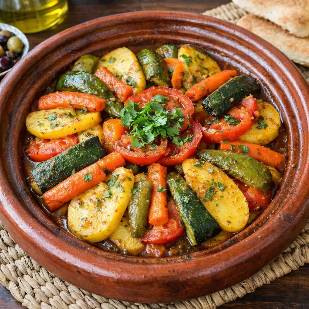 طاجن خضار مغربي مطهو ببطء مع بهارات مغربية وزيت زيتون ويُقدَّم ساخنًا في طاجن فخاري