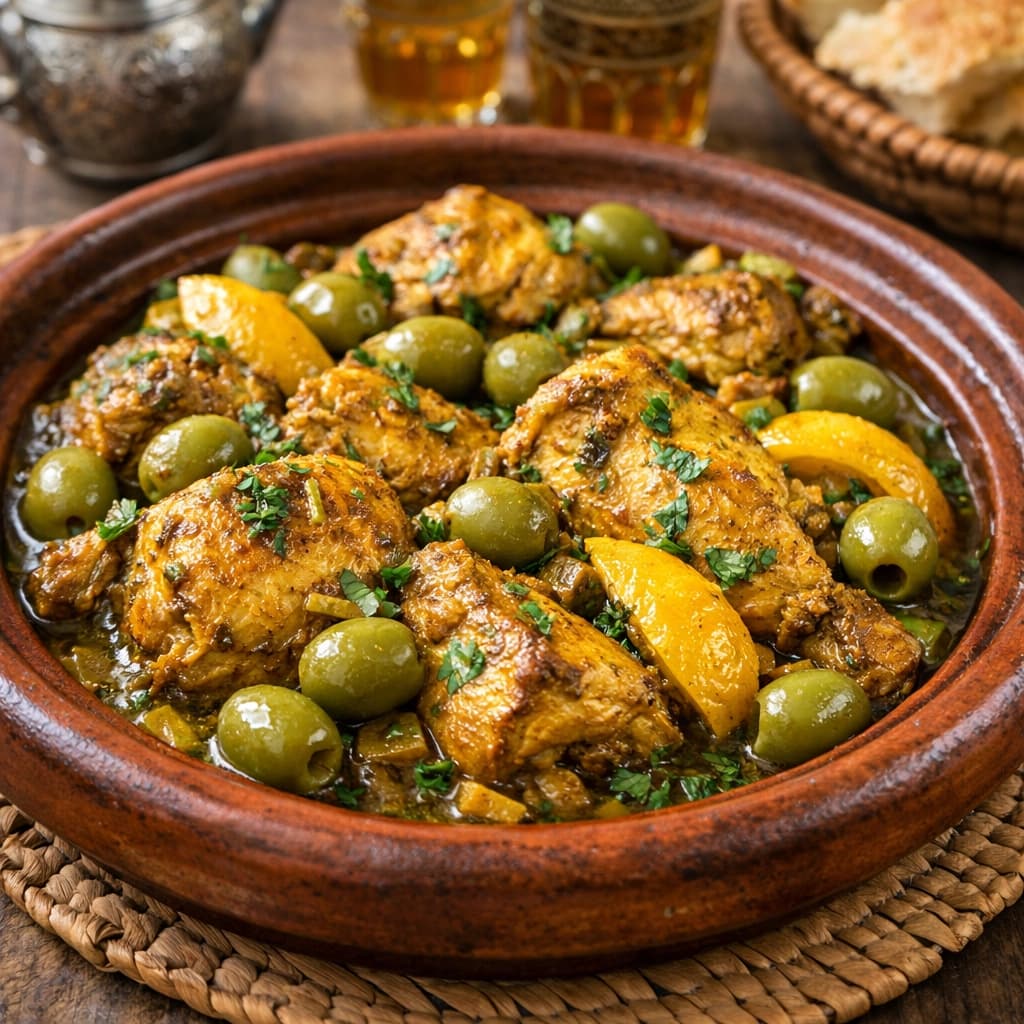 طاجن دجاج مغربي بالليمون المصير والزيتون الأخضر