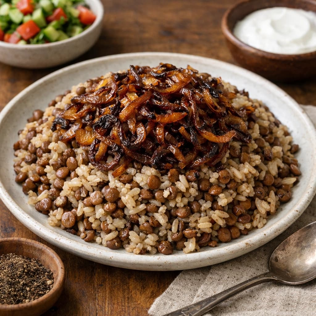 مجدرة عدس بالأرز مع بصل مكرمل داكن اللون تُقدَّم ساخنة كطبق عربي نباتي شهي