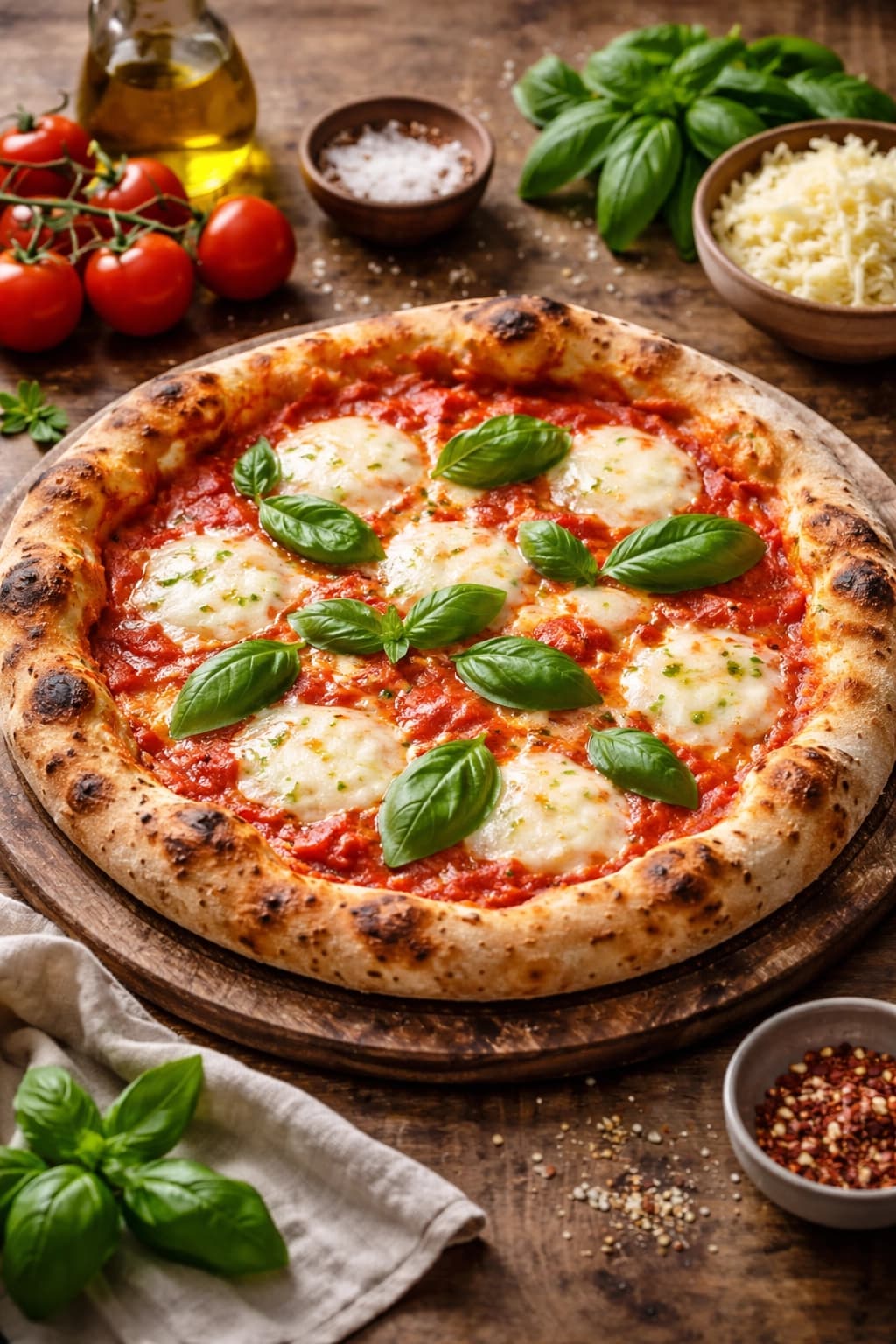 بيتزا نابوليتانا إيطالية تقليدية بالجبن والطماطم الطازجة والريحان