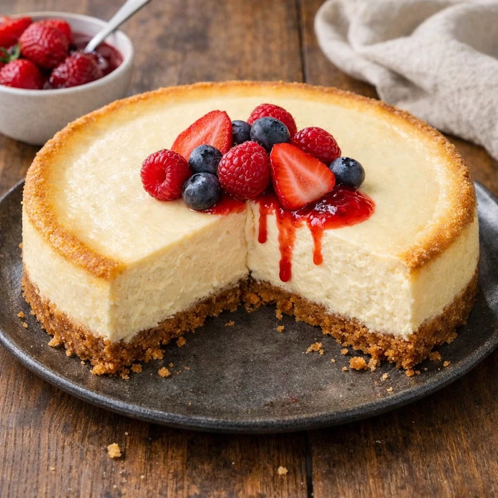 تشيز كيك نيويورك الكلاسيكي بقوام كريمي وقاعدة بسكويت مقرمشة