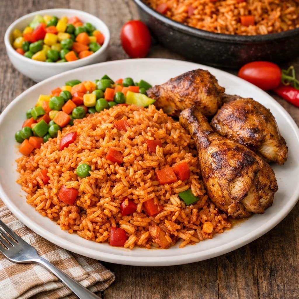 طبق جولوف رايس النيجيري مع دجاج وخضار ملونة