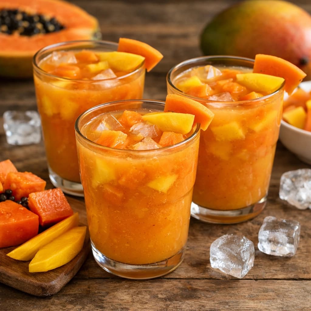 عصير مانجو وبابايا نيجيري بارد ومنعش مع قطع فاكهة