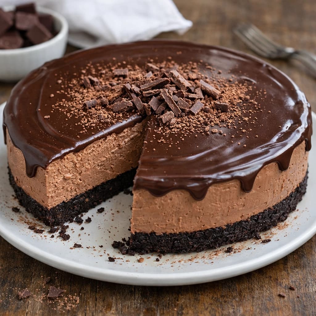 تشيز كيك شوكولاتة فاخر بدون فرن بقوام كريمي غني وقاعدة بسكويت مقرمشة ومزين بطبقة شوكولاتة لامعة