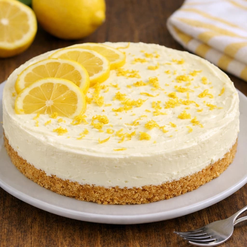 تشيزكيك ليمون بارد بدون فرن بقوام كريمي ناعم مع طبقة بسكويت وقشر ليمون للتزيين