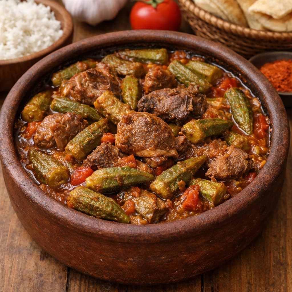 طاجن بامية باللحم الضاني مطهو في صلصة طماطم متسبكة ويُقدَّم في طاجن فخاري بشكل شهي