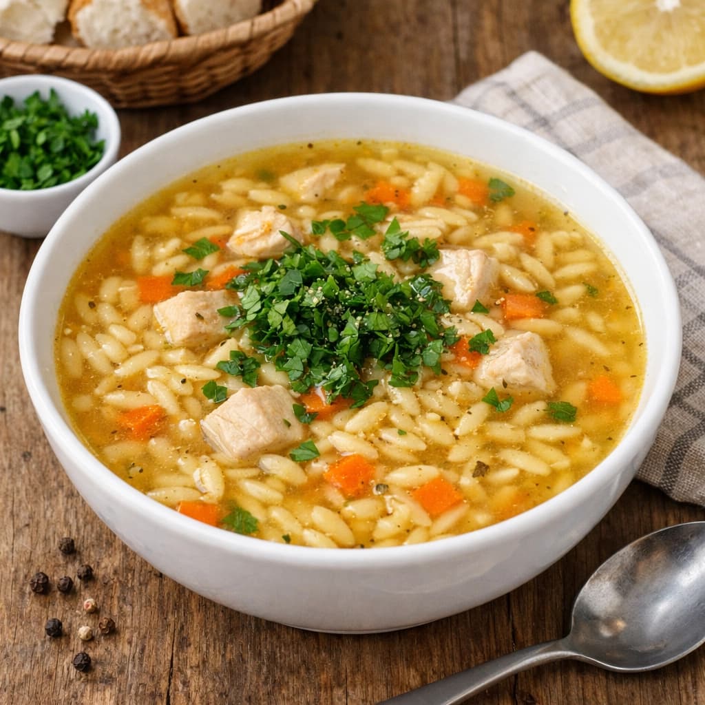 شوربة لسان العصفور بالدجاج بقوام خفيف ومرق ذهبي وتُقدَّم ساخنة كطبق عربي منزلي