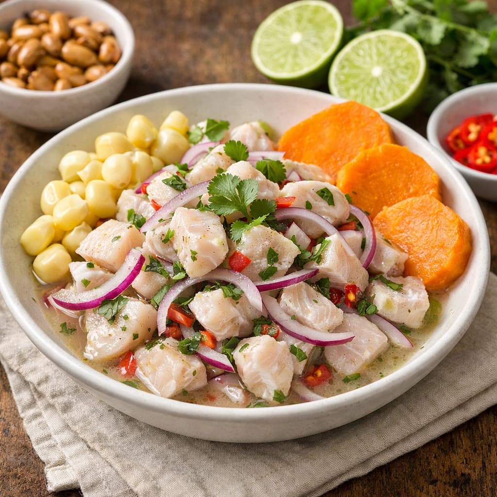 سيڤيتشي بيروفي بالسمك الطازج والليمون والبصل الأحمر يُقدَّم باردًا