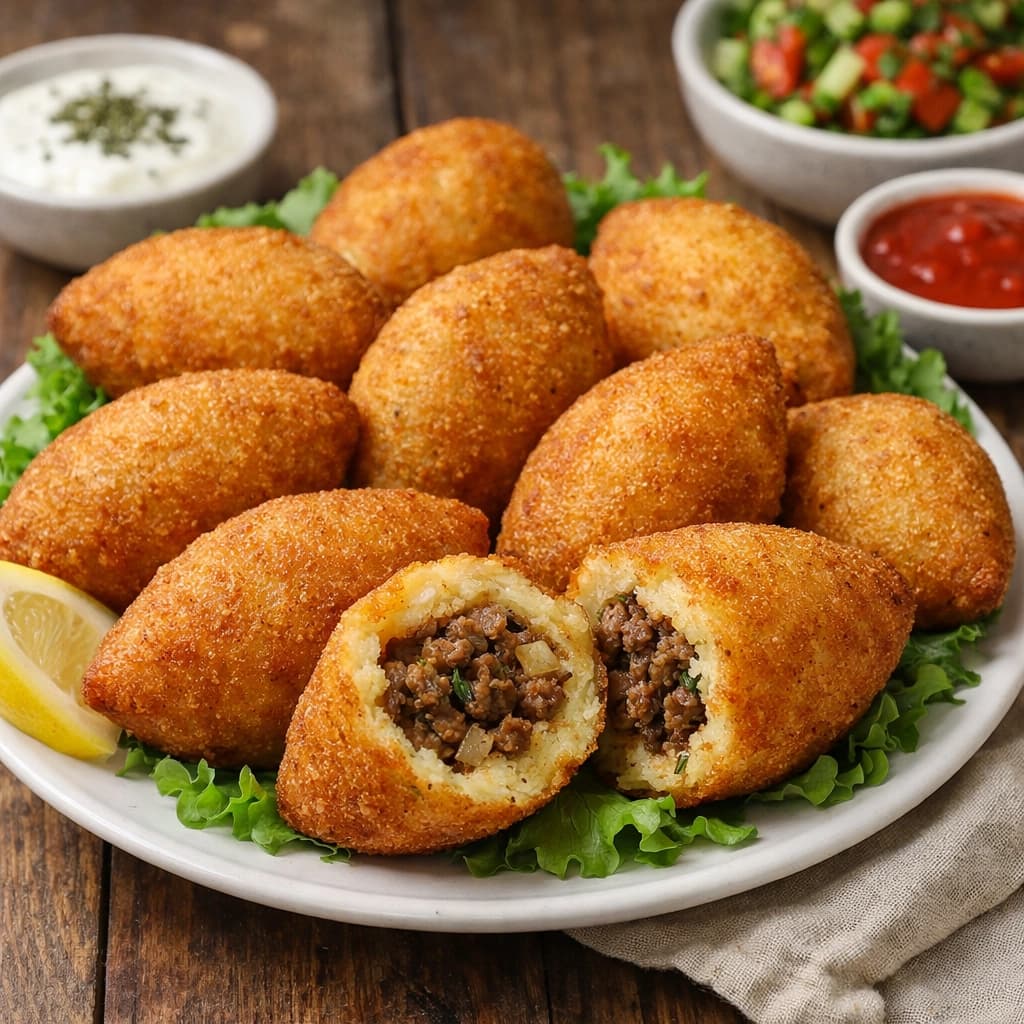 كبة بطاطس مقلية محشوة باللحم المفروم ومقلية حتى تصبح ذهبية ومقرمشة وتُقدَّم ساخنة