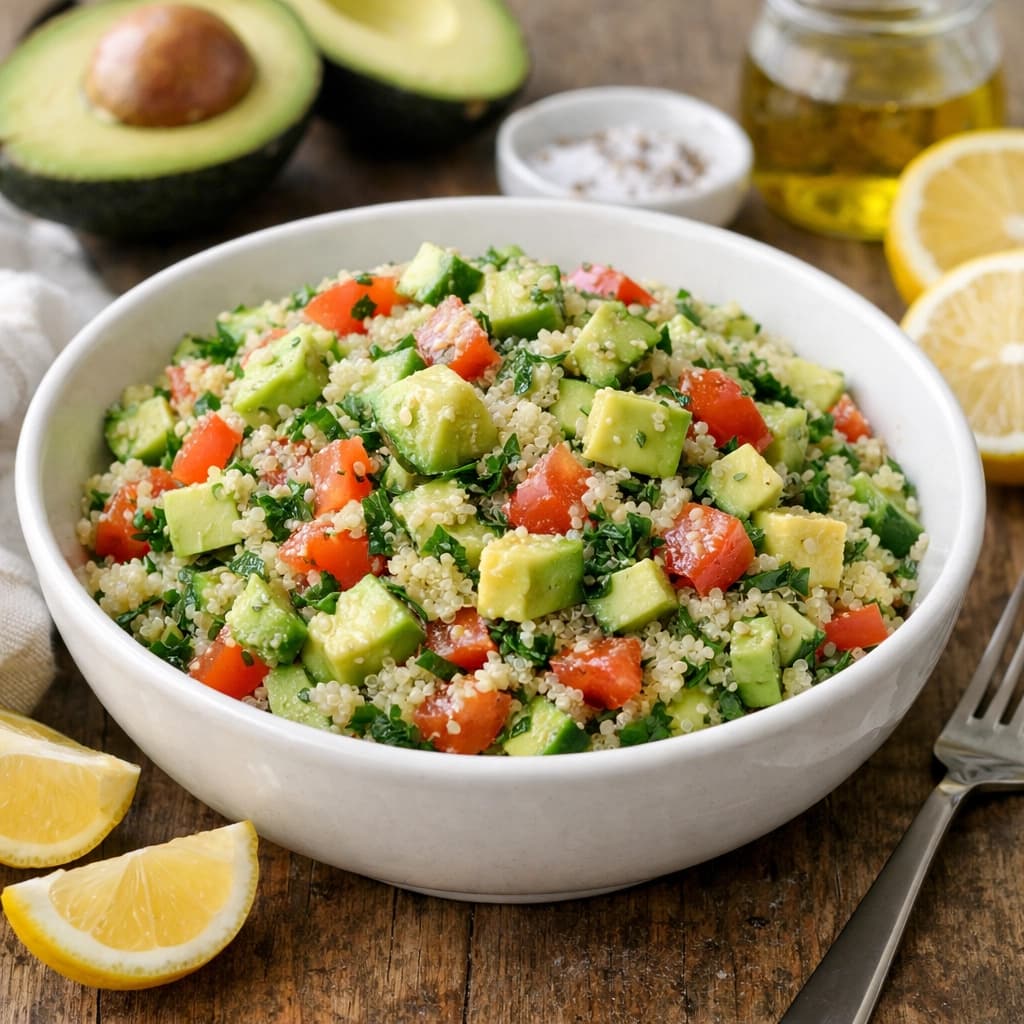 سلطة كينوا بالأفوكادو والليمون مع خضار طازجة وتتبيلة خفيفة تُقدَّم باردة بشكل صحي