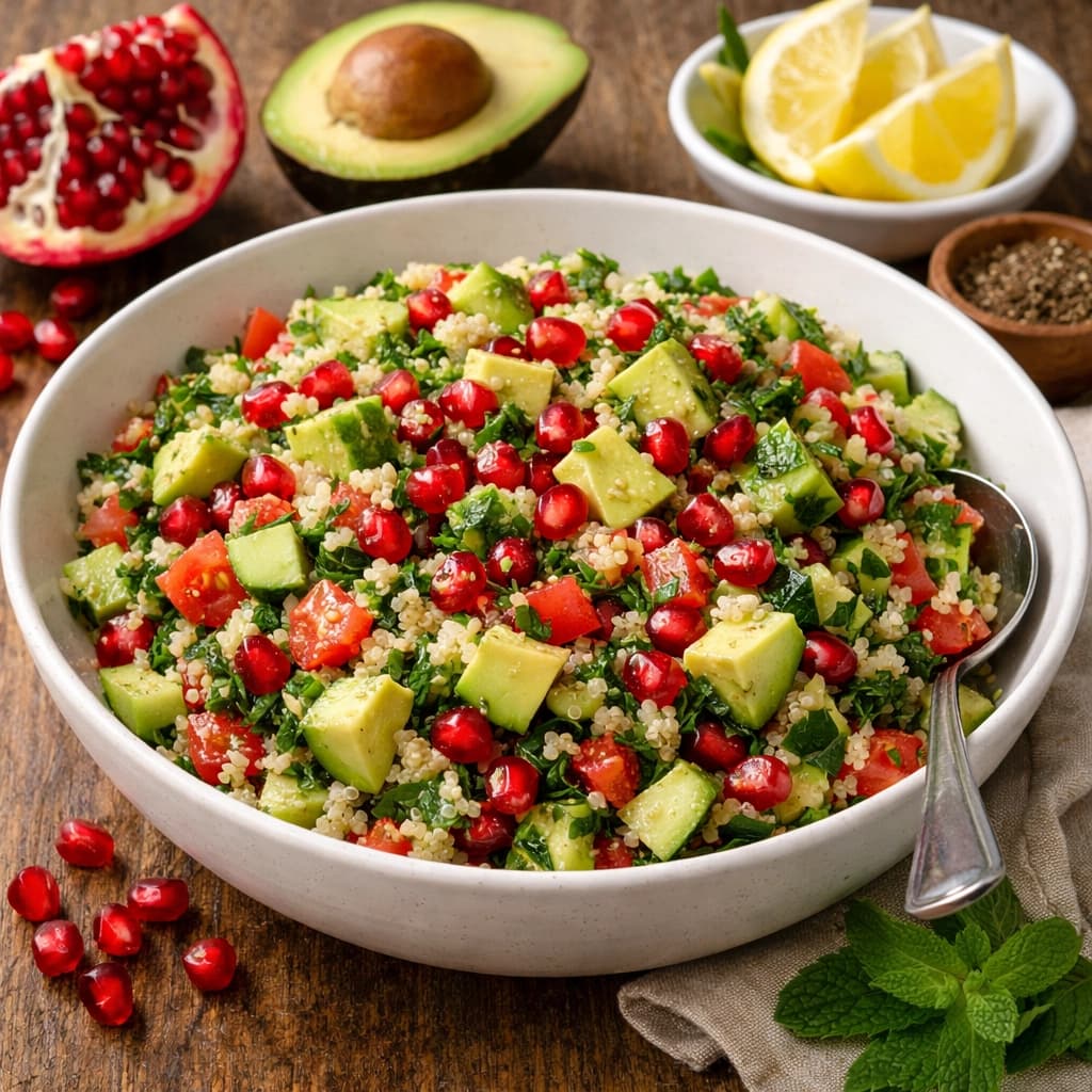 سلطة كينوا بالأفوكادو والرمان مع خضار طازجة وتتبيلة ليمون وزيت زيتون