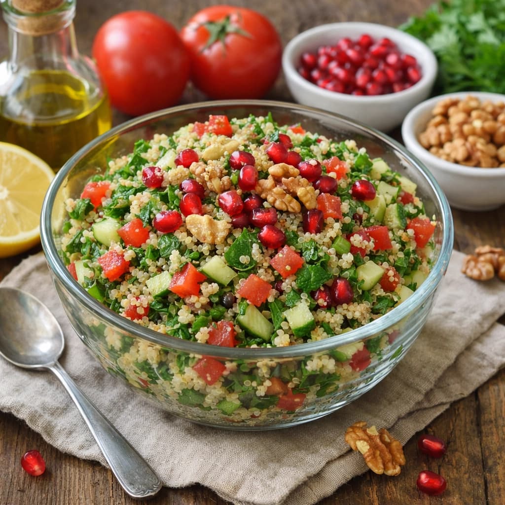 سلطة تبولة بالكينوا والخضار الطازجة تقدم في وعاء زجاجي مع لمسة من عصير الليمون وزيت الزيتون