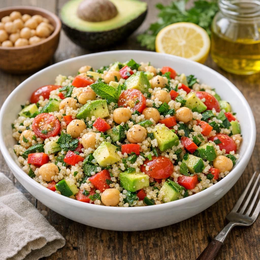 سلطة الكينوا مع الأفوكادو والحمص صحية ومغذية ومليئة بالنكهات الطبيعية