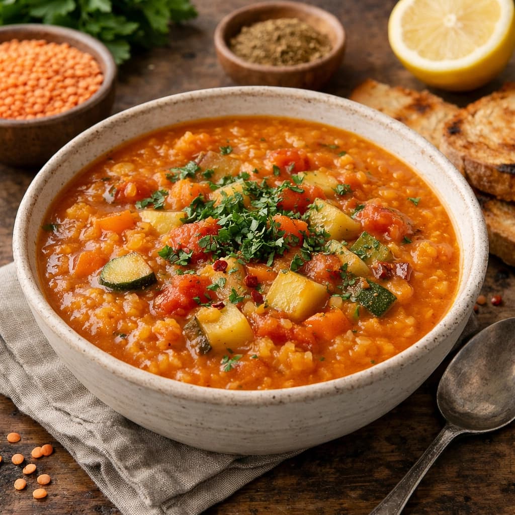 شوربة العدس الأحمر بالخضروات والتوابل طبق صحي ومغذي