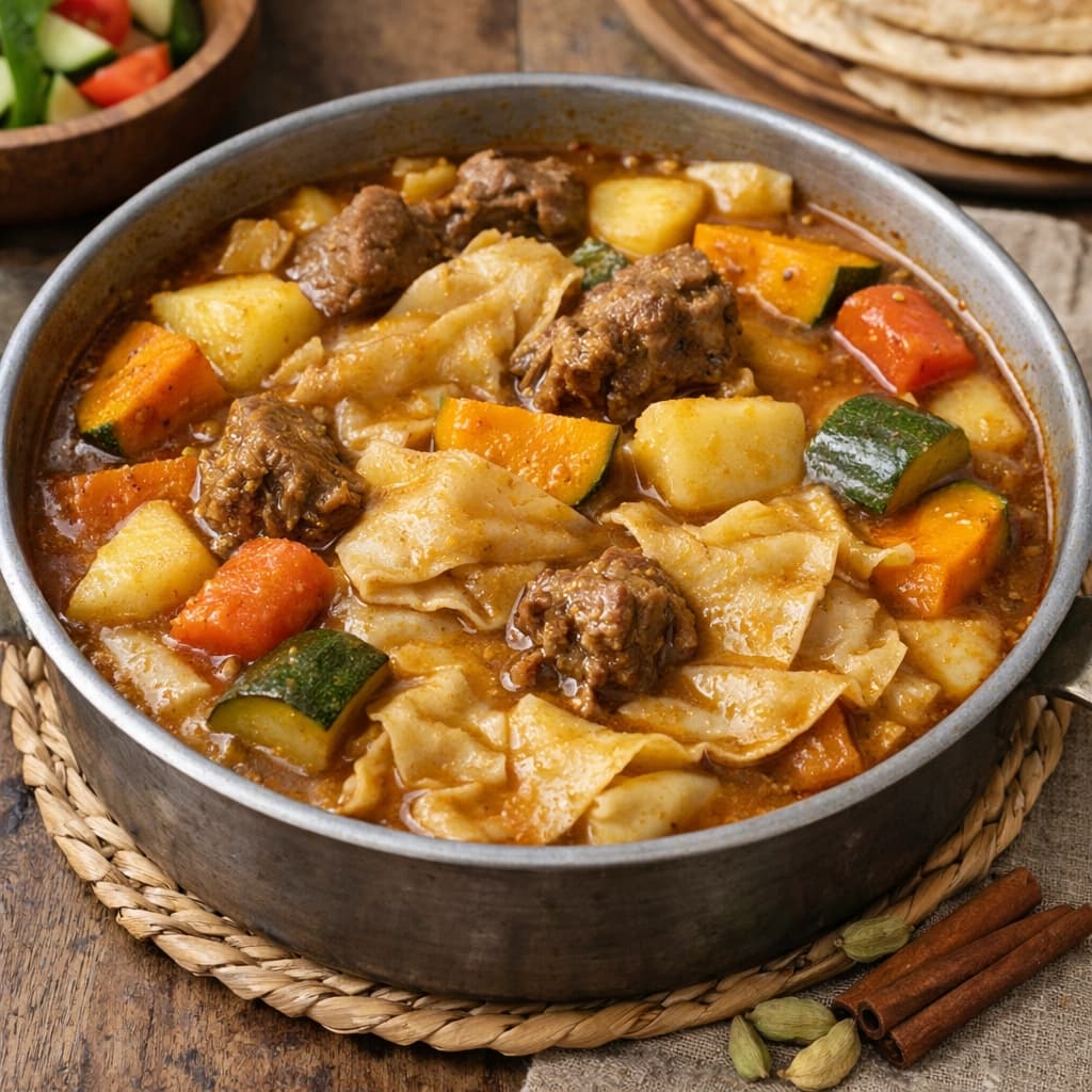 مرقوق سعودي باللحم والخضار مع عجينة رقيقة مطهية في مرق غني بطريقة تقليدية