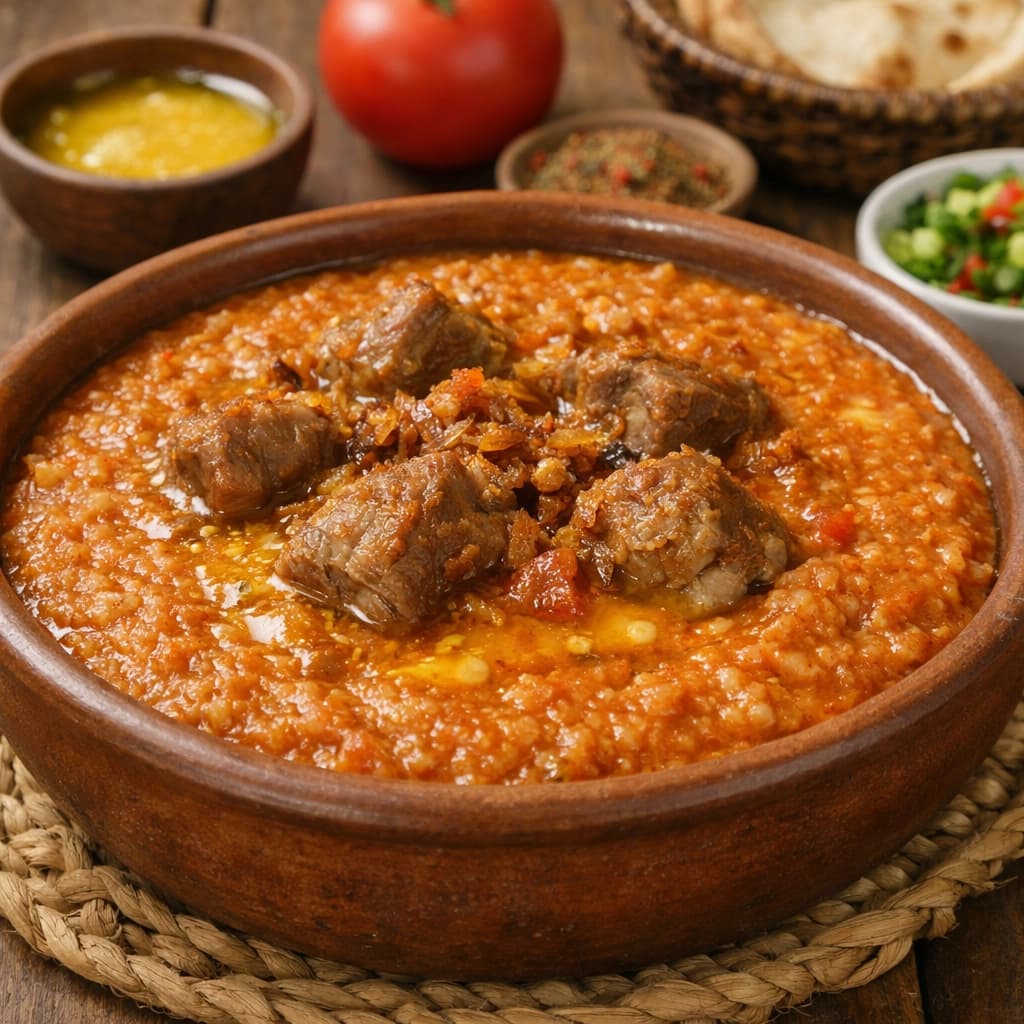 جريش أحمر نجدي باللحم مطهو ببطء مع الطماطم والتوابل ويُقدَّم ساخنًا