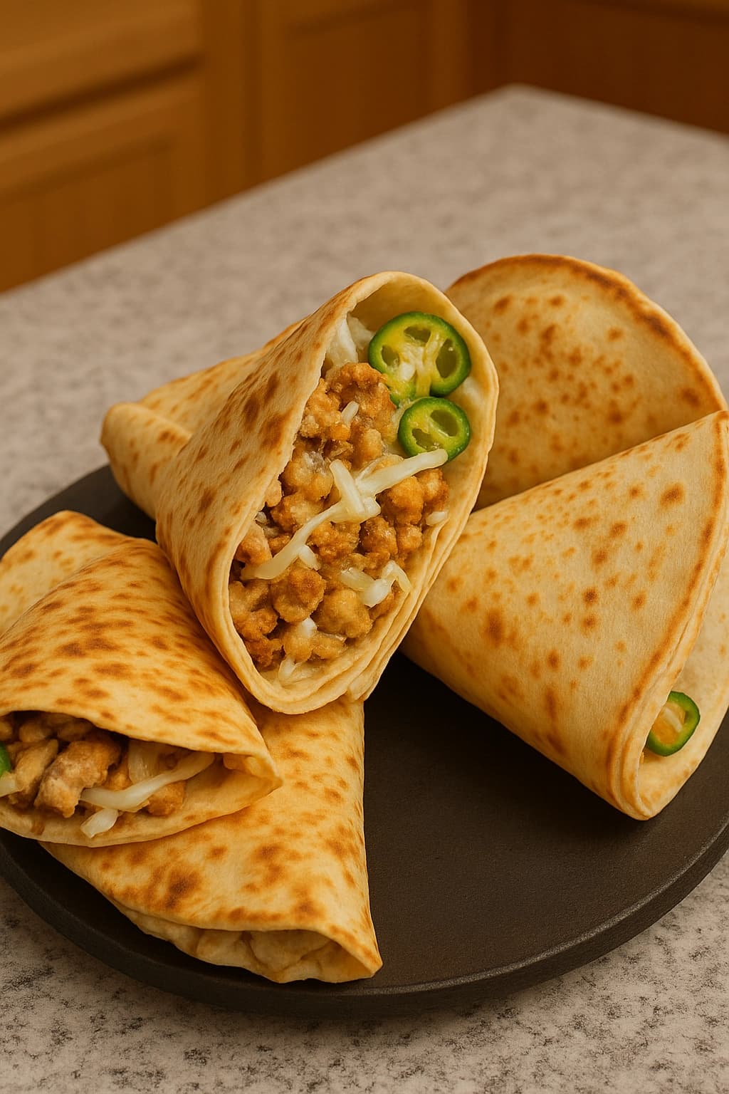 كريب حادق بالدجاج محشو بقطع دجاج متبلة مع خضار وجبن ويُقدَّم بطريقة منزلية شهية