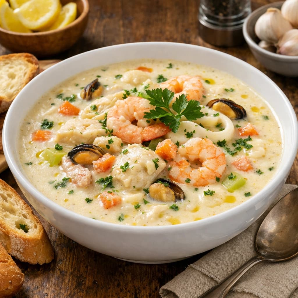 شوربة سي فود بالكريمة والثوم طبق فرنسي فاخر غني بالنكهات