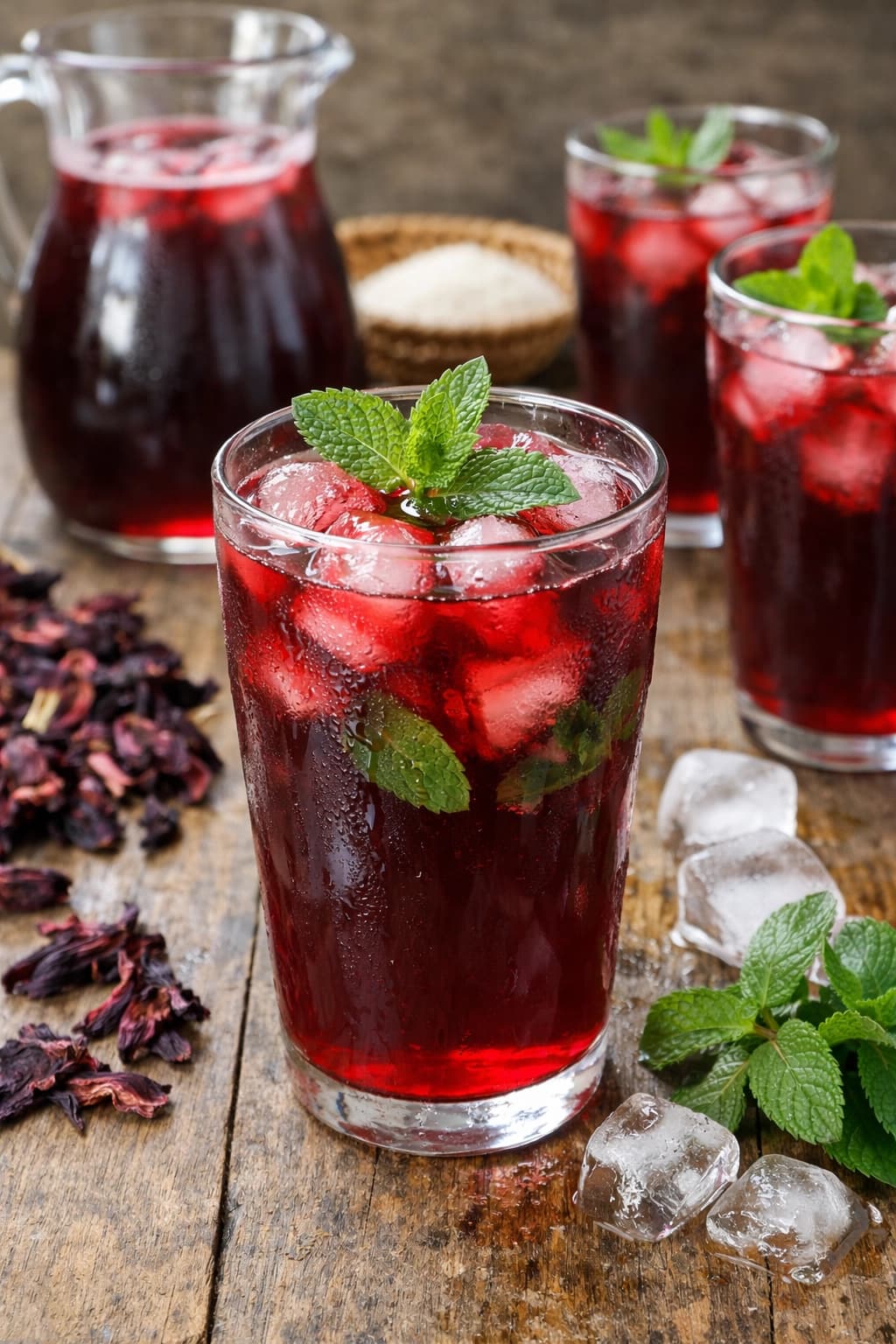 عصير بيساب سنغالي بالكركديه الأحمر والنعناع يُقدَّم باردًا ومنعشًا