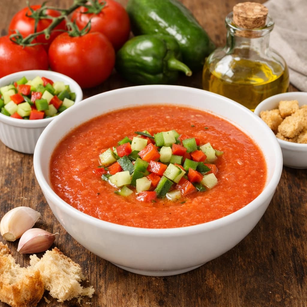 غاسباتشو إسباني بارد بالطماطم والخيار والفلفل يُقدَّم مبردًا بقوام ناعم ولون أحمر طبيعي