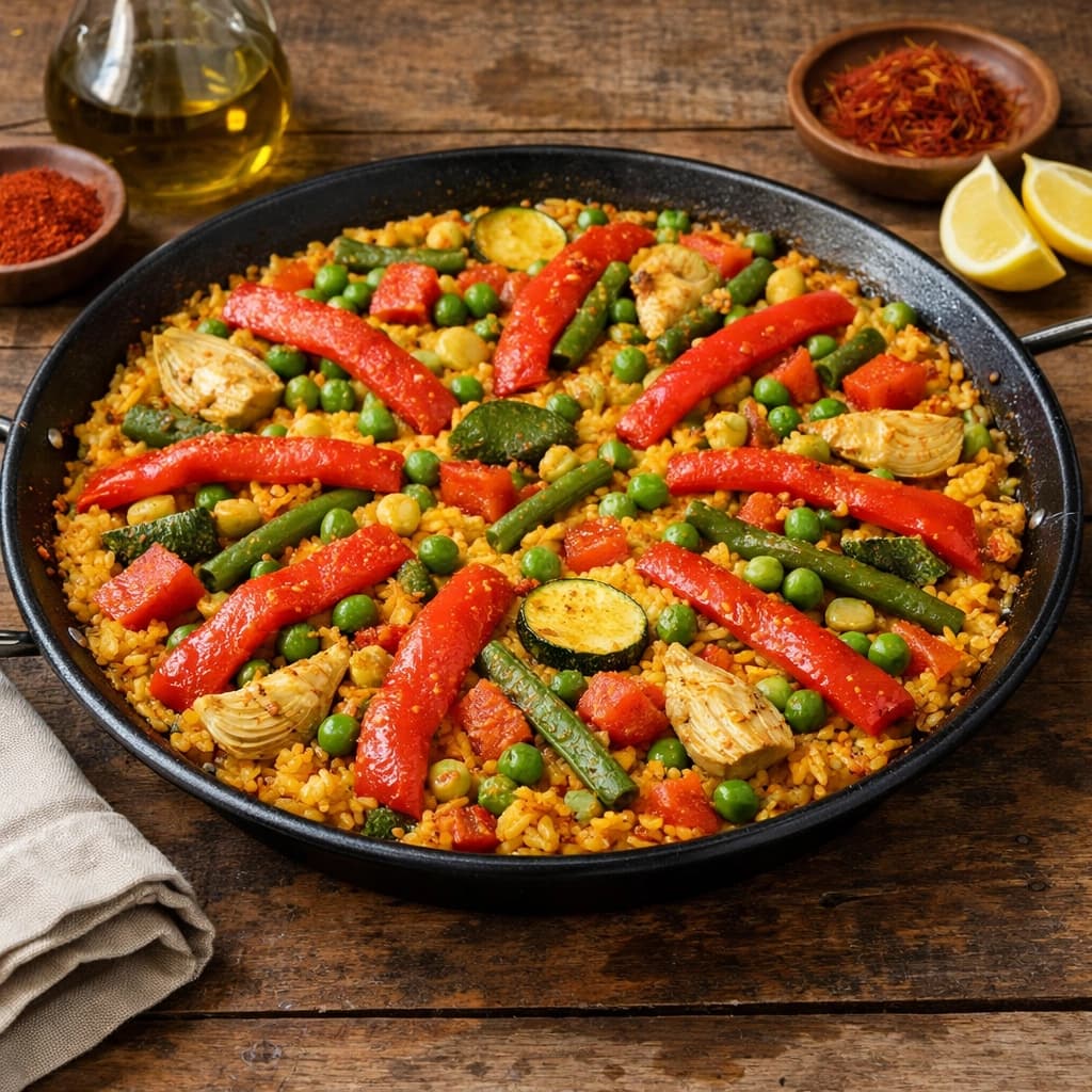 بايلا خضار إسبانية بالأرز والخضروات الملونة مطهية بزيت الزيتون والزعفران