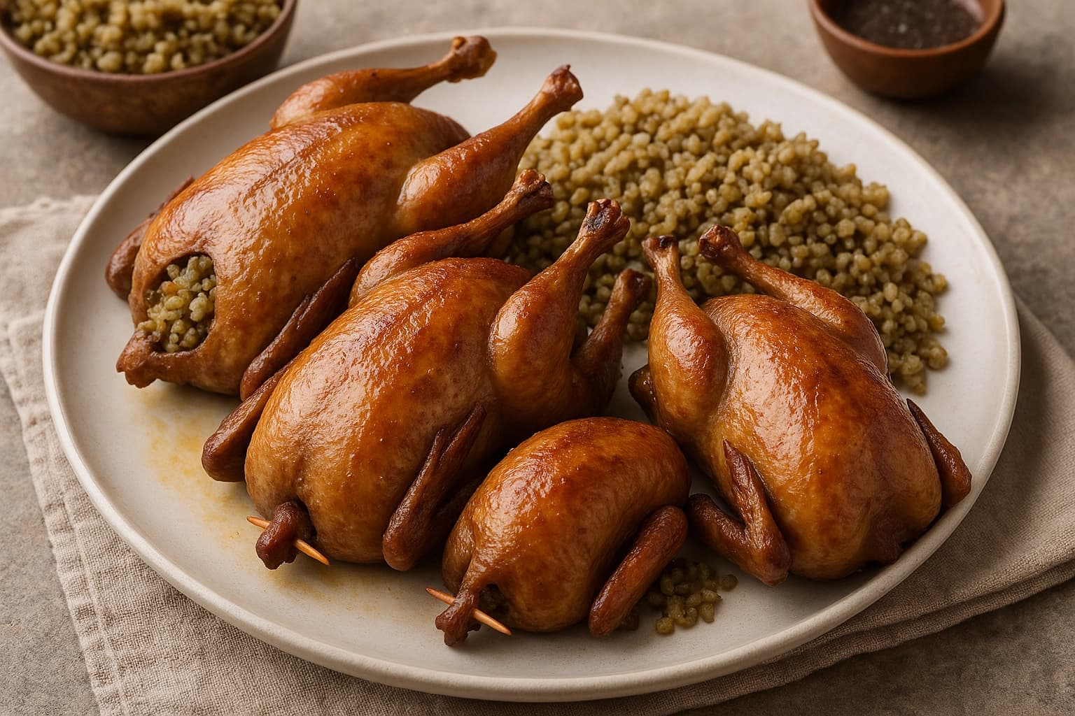 حمام محشي بالفريك على الطريقة المصرية بحشوة فريك متبلة مطهية ببطء حتى يصبح اللحم طريًا ويُقدَّم ساخنًا في طبق تقديم