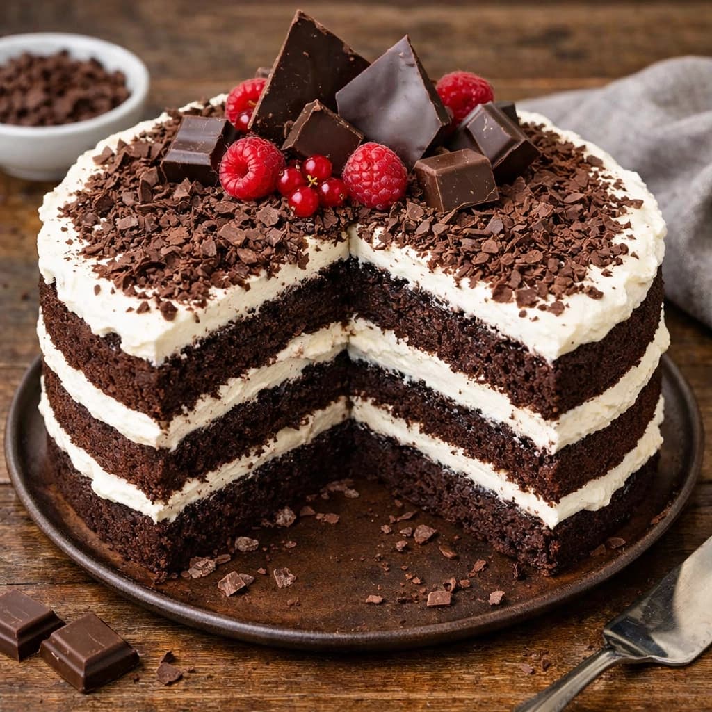 كعكة شوكولاتة سويسرية بطبقات الكريمة الغنية والشوكولاتة الداكنة