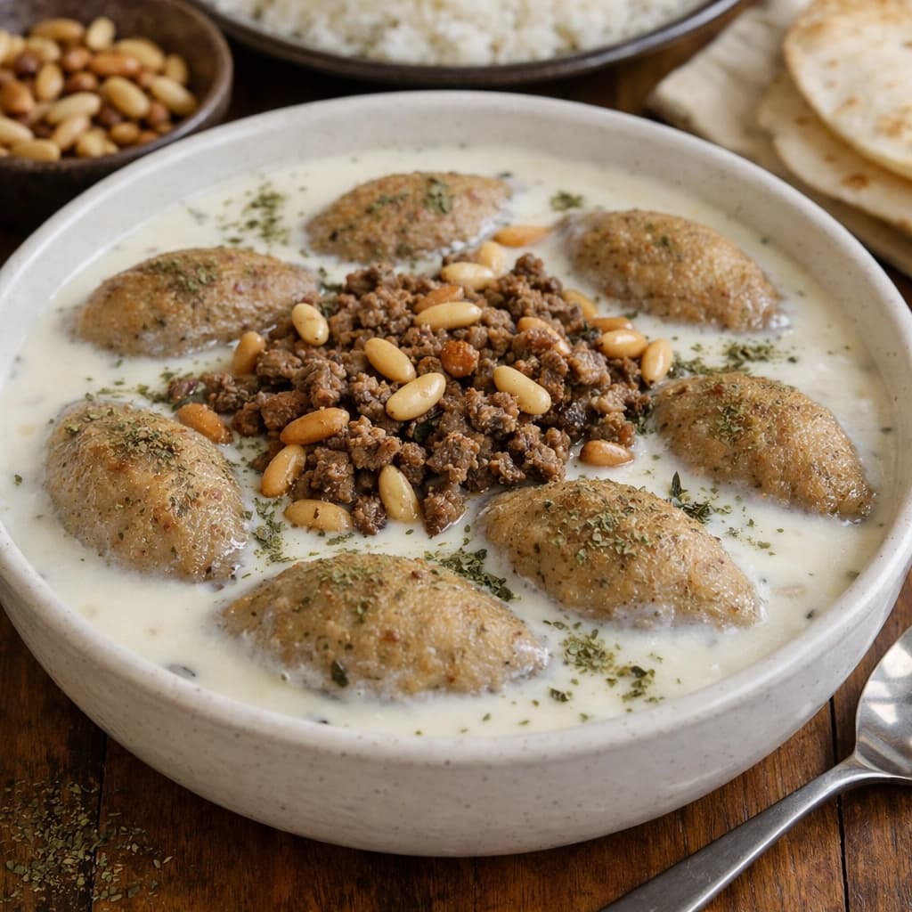 كبة لبنية سورية باللحم المفروم والصنوبر وصلصة اللبن الغنية